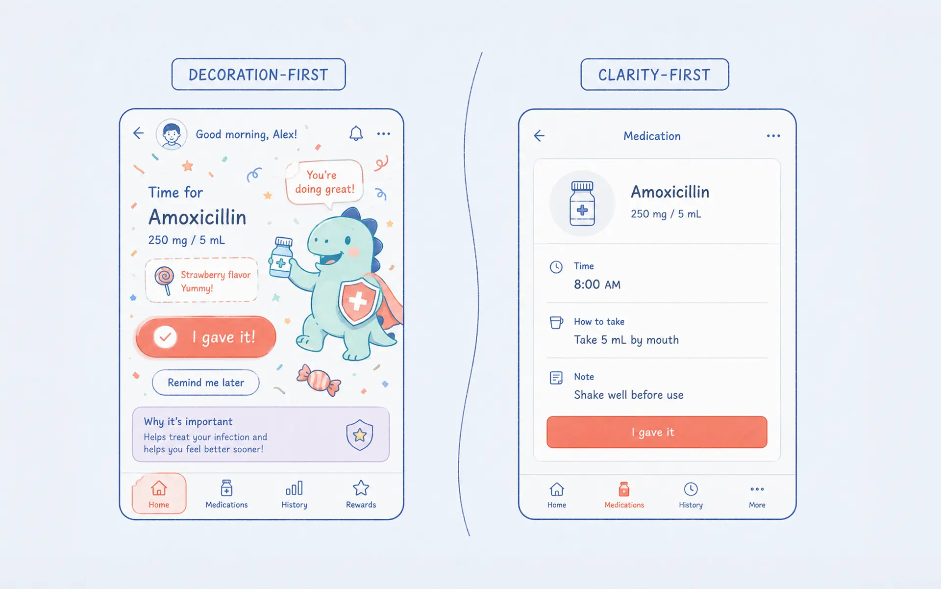 Two pediatric app screens compared: a cluttered decoration-first version and a calm clarity-first version