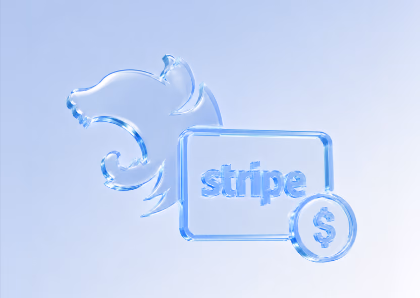 Glass-effect Stripe payment card with a dollar coin beside the Halo Lab wolf mark