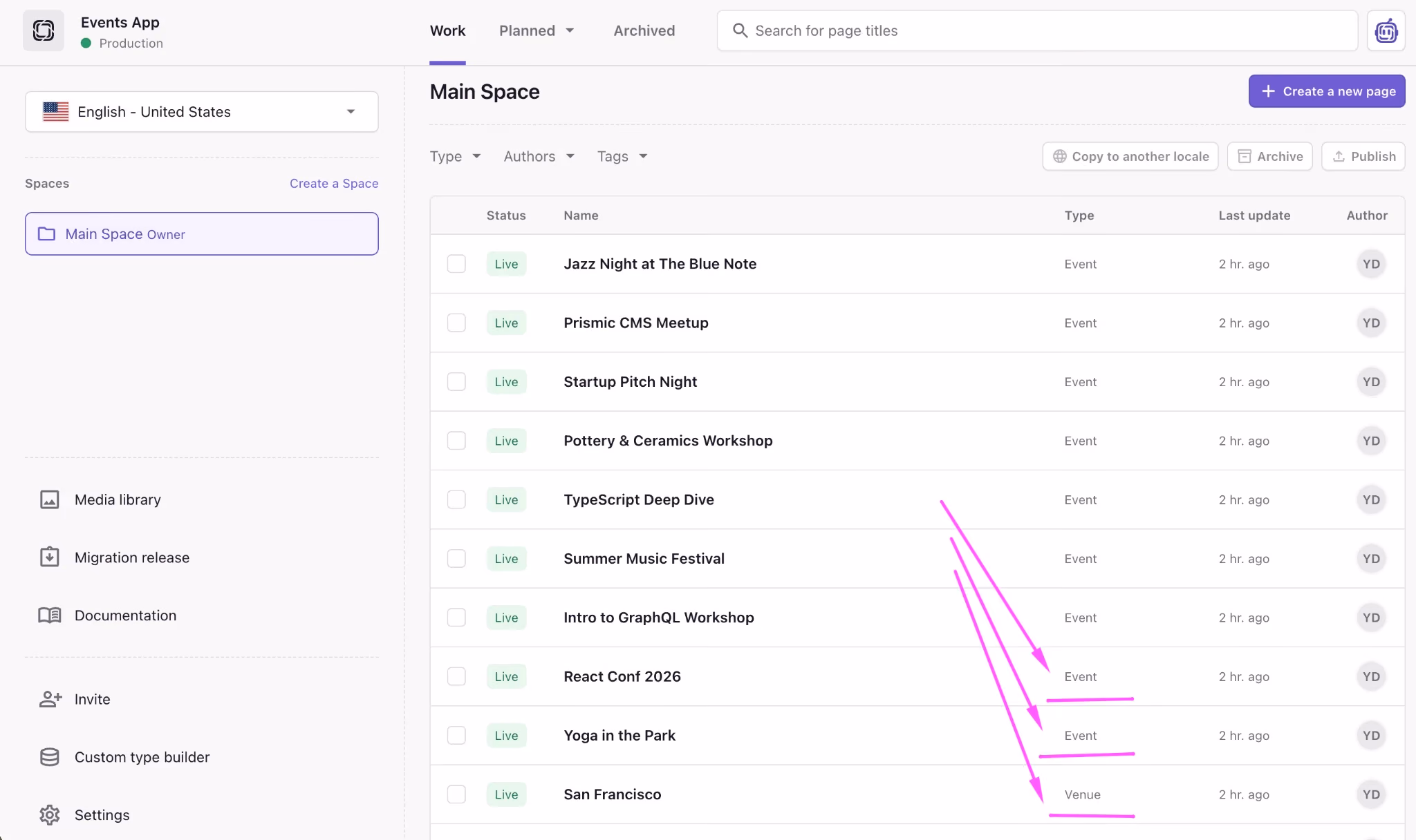 Published Events and Venues on your prismic.io dashboard