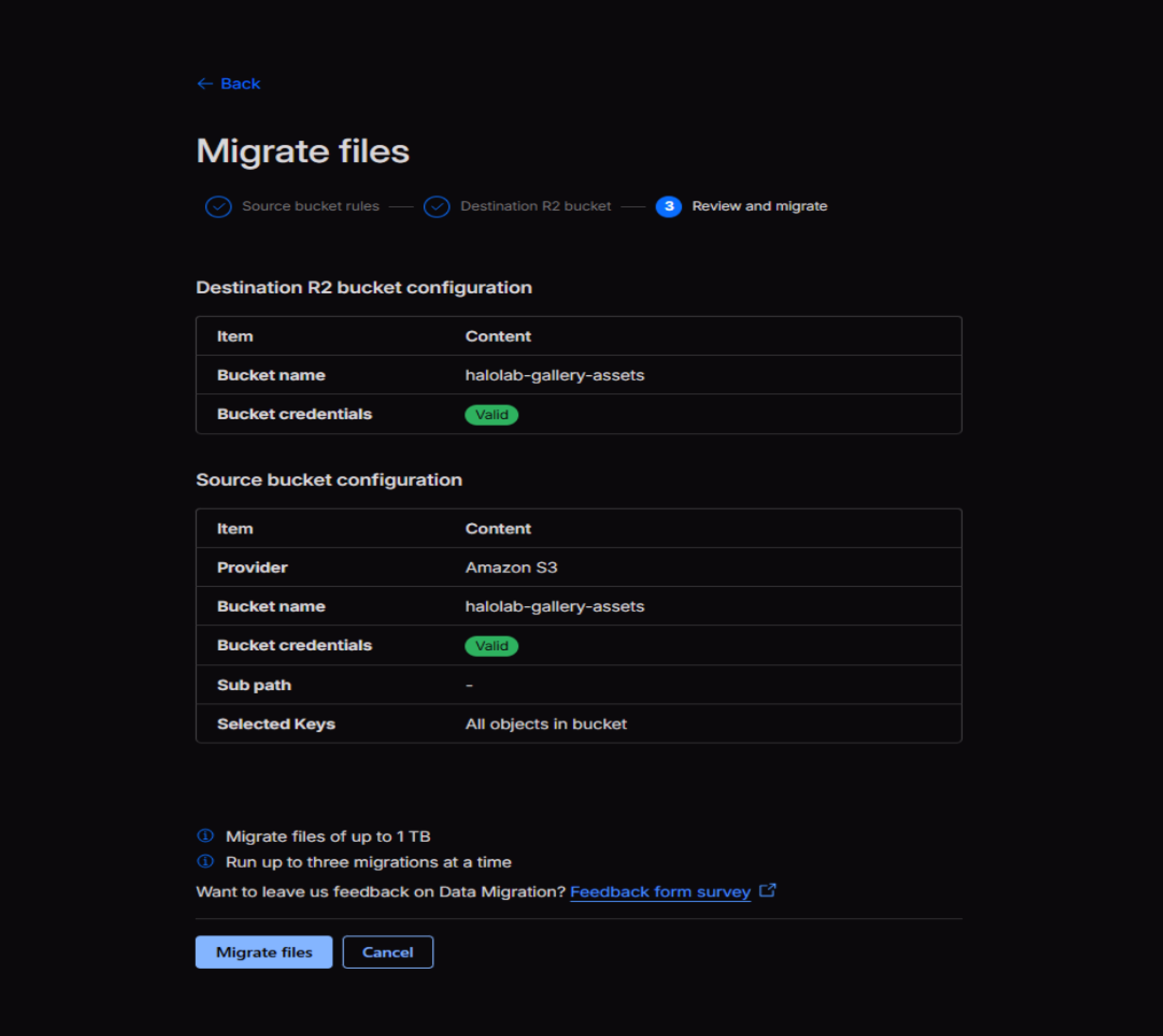 Cloudflare Super Slurper review-and-migrate screen showing the destination R2 bucket and the source Amazon S3 bucket with valid credentials