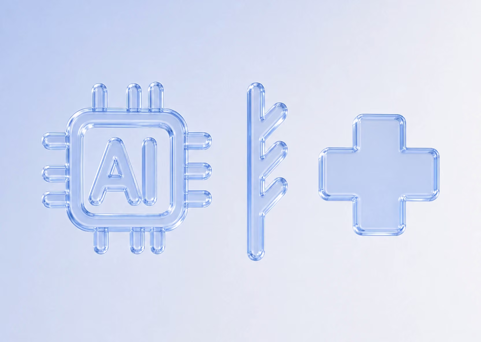 A glass AI chip, a pulse line, and a medical cross, representing healthcare AI moving from prototype to production