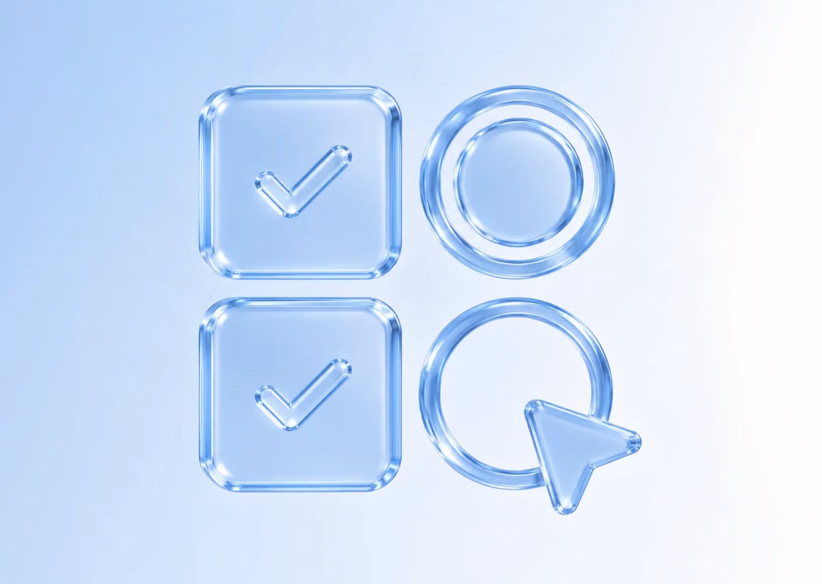Glass 3D icons of two checked boxes, a radio button and a tap cursor, representing end-to-end testing of an Expo React Native app with Detox