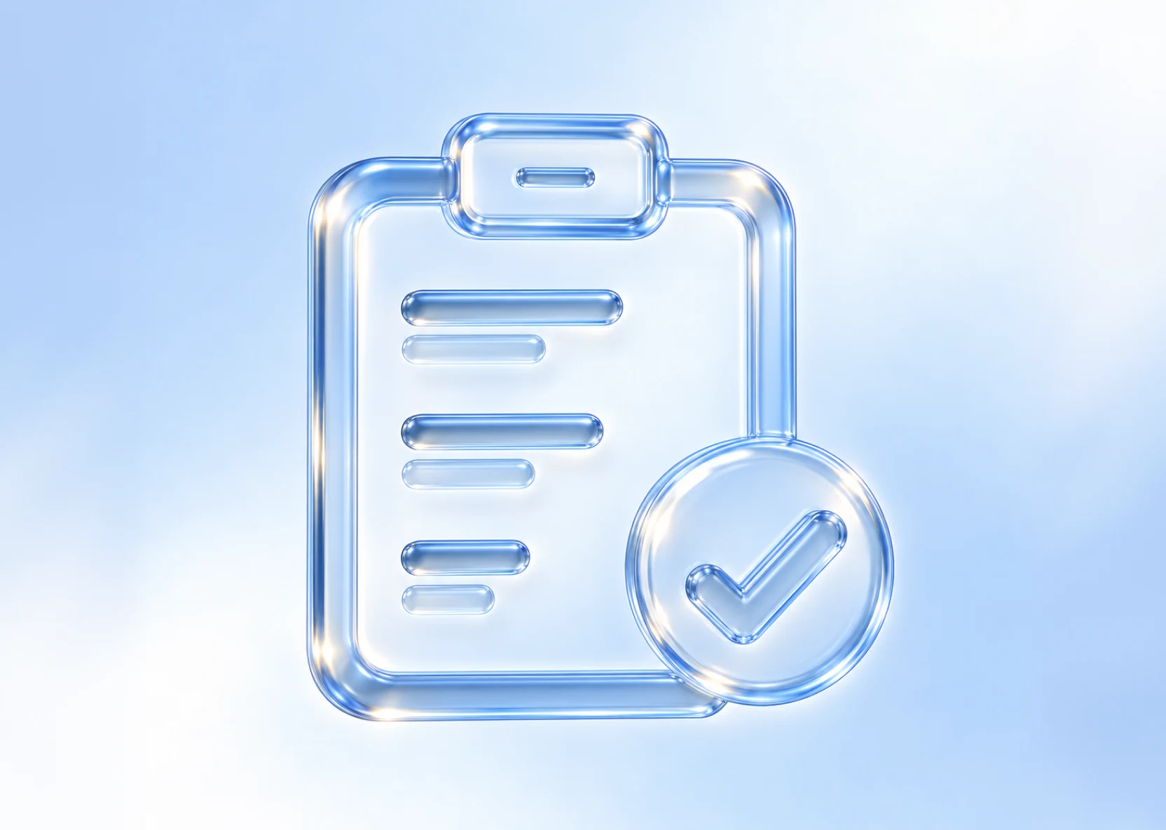 A glass clipboard with a checkmark, standing for a checklist that earns clinician trust in AI