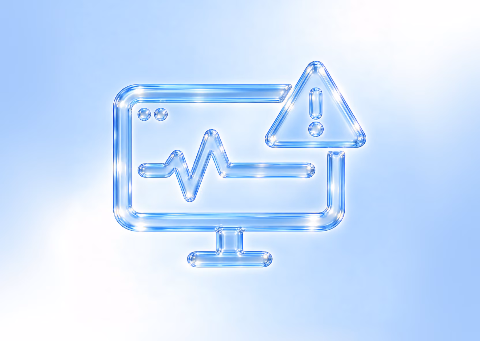 A glass monitor with a pulse line and warning symbol on a soft blue background