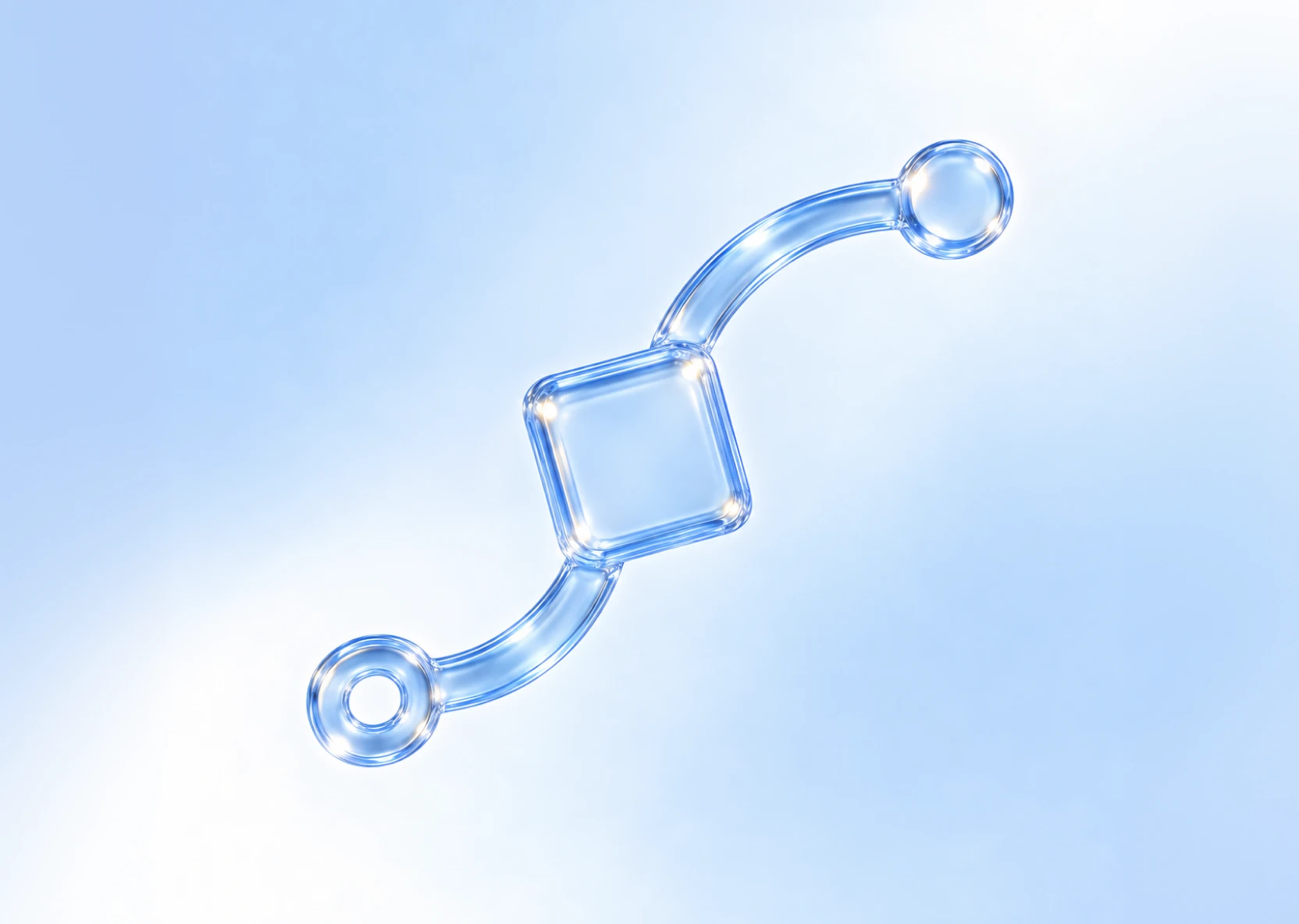Glass 3D illustration of a curved motion path with a square keyframe, representing smooth React Native animations