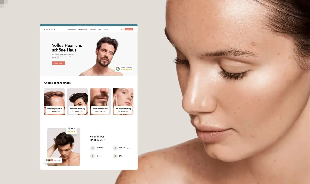 Sleek and bold visual style for Hair & Skin beauty-centric provider