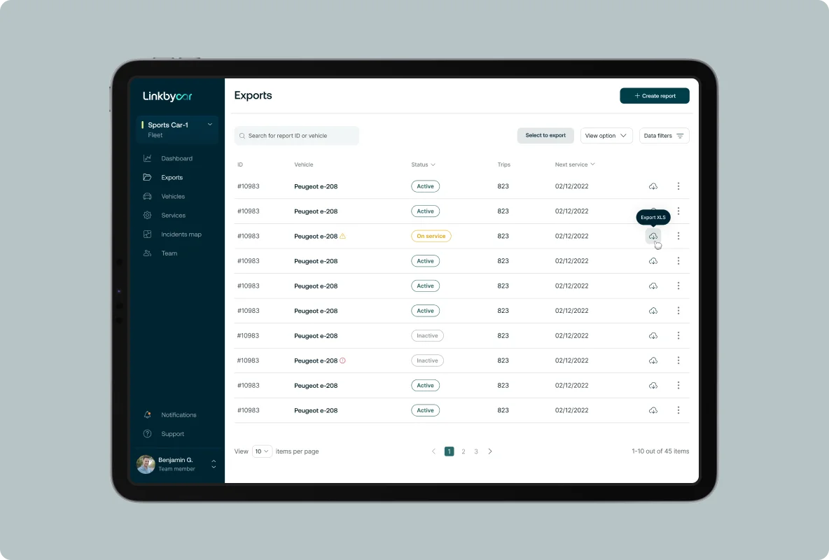 web development feature: report export with with custom period selection