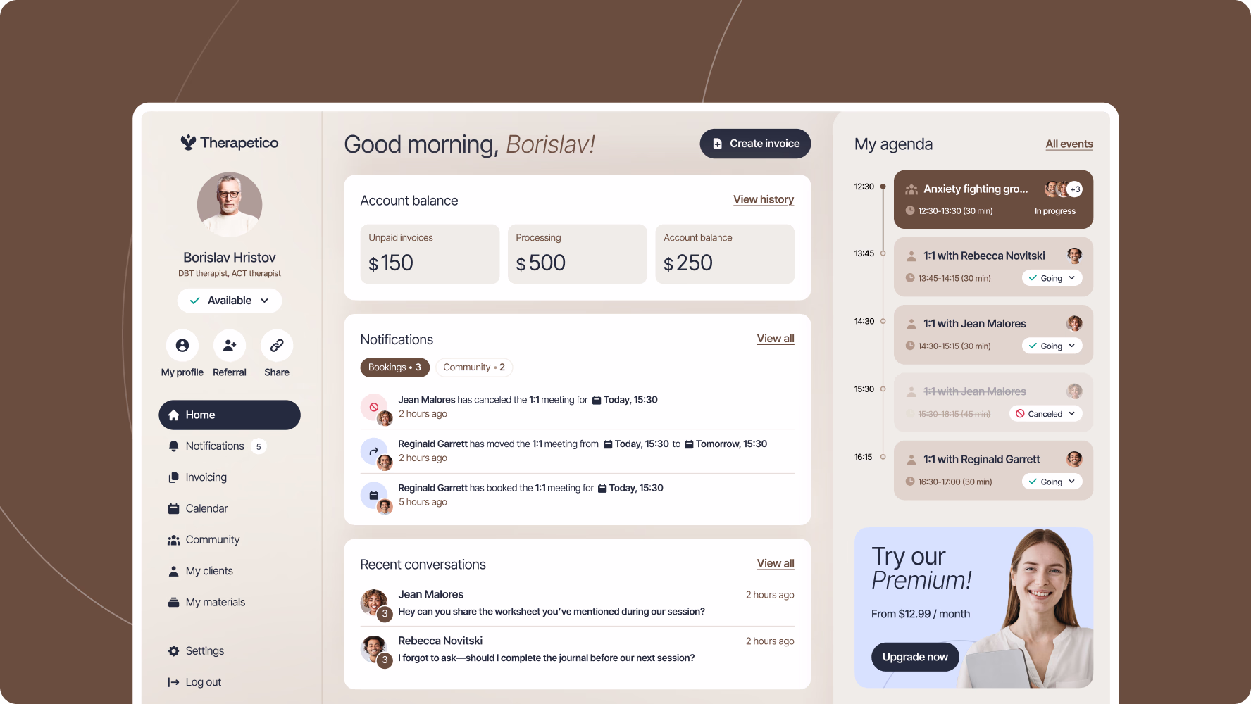 Therapy platform dashboard concept with client and therapist portals