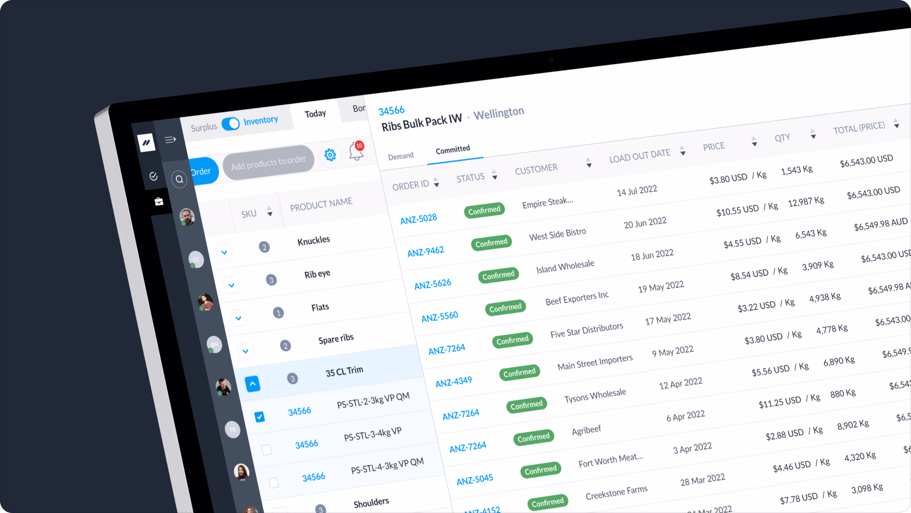 Inventory management table for B2B trading platform