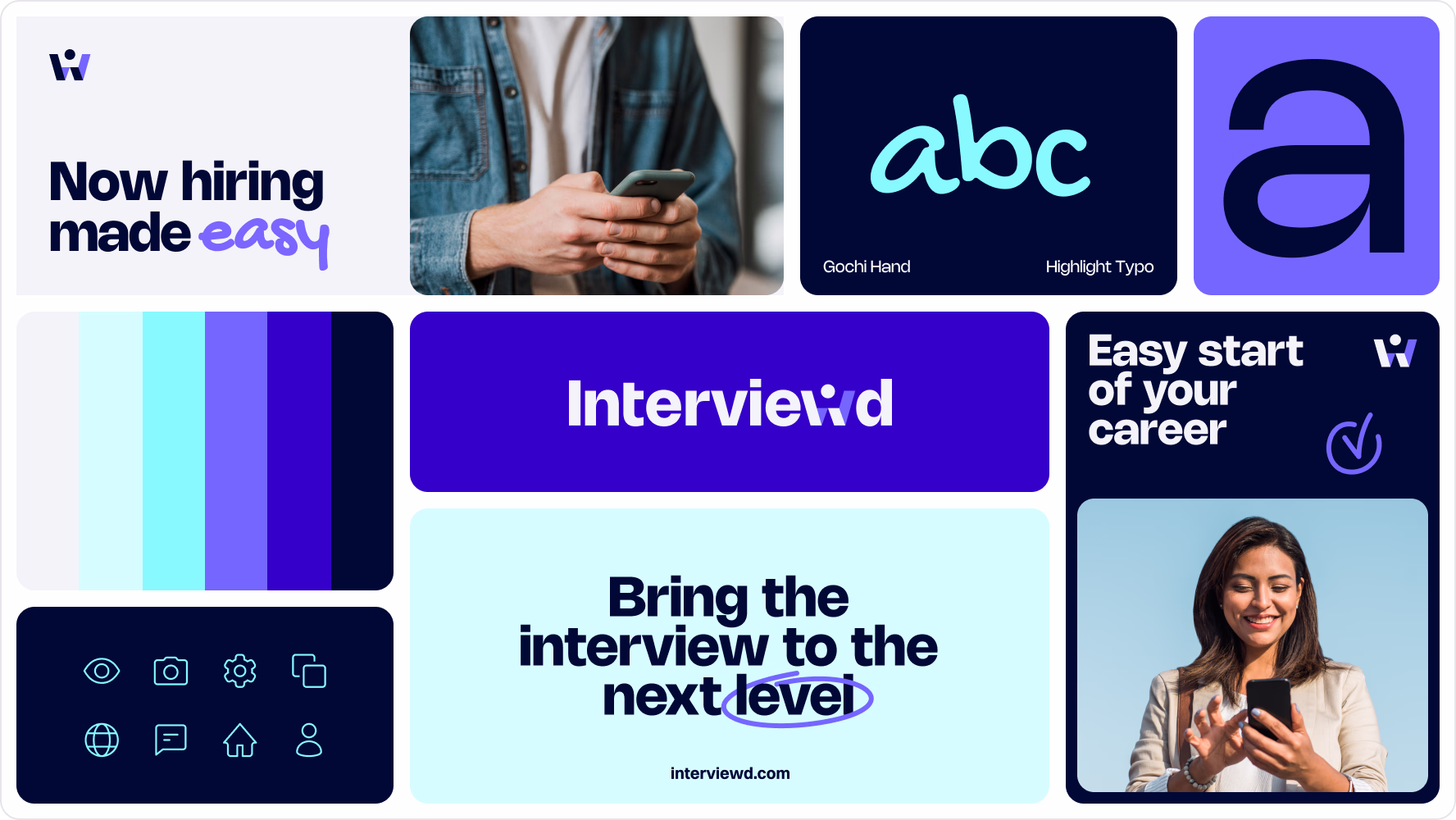 Interviewd visual identity system with typography, colors, icons, and branded graphics