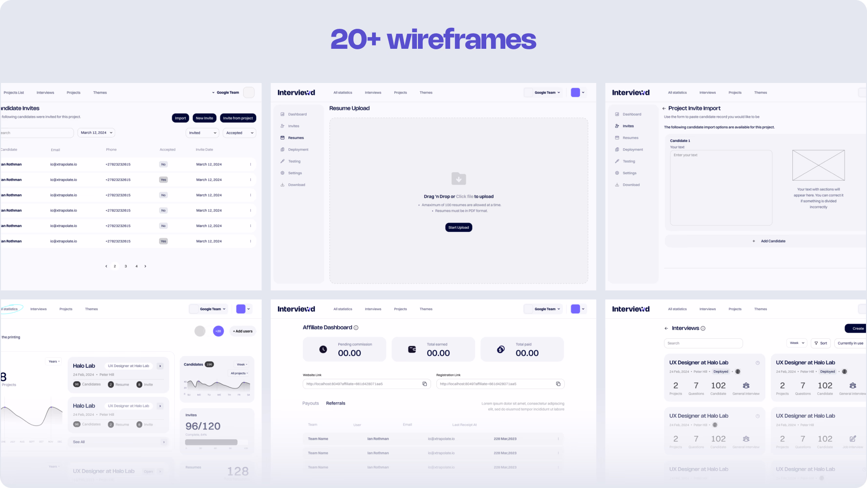 wireframes for Interviewd recruiter platform designed by Halo Lab