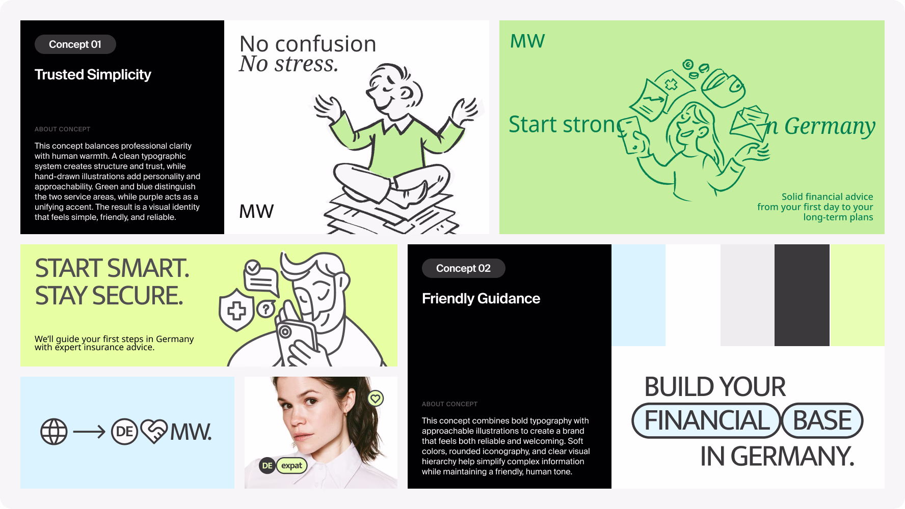 Stay branding moodboard exploring trust-focused visual directions for expat insurance