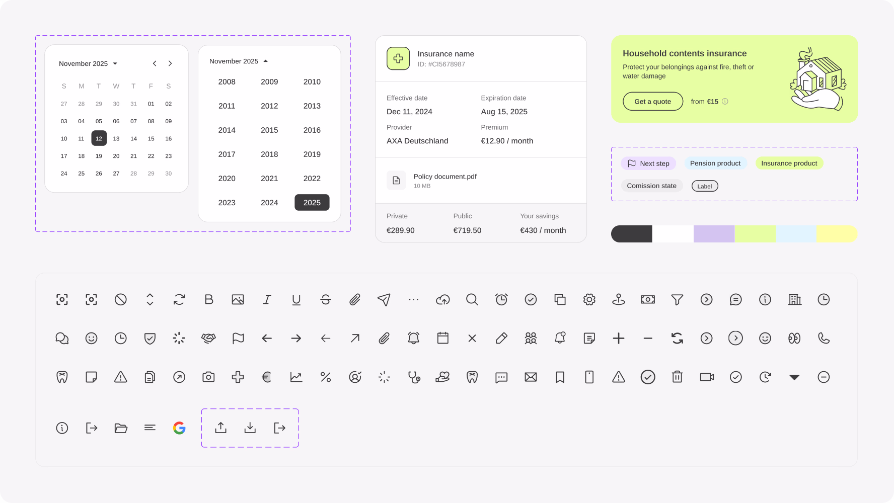 Stay UI design system with date pickers, insurance cards, status labels, colors, and interface icons