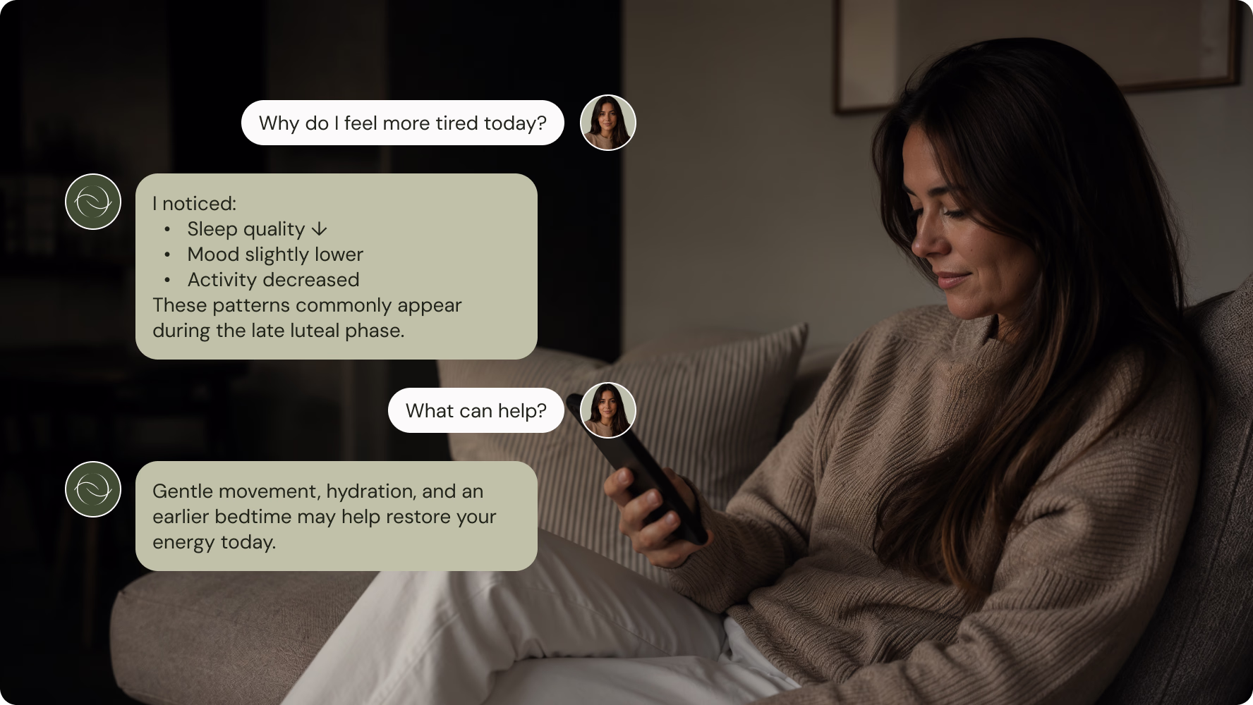 Ahlya AI assistant explaining cycle-related fatigue and personalized wellness recommendations