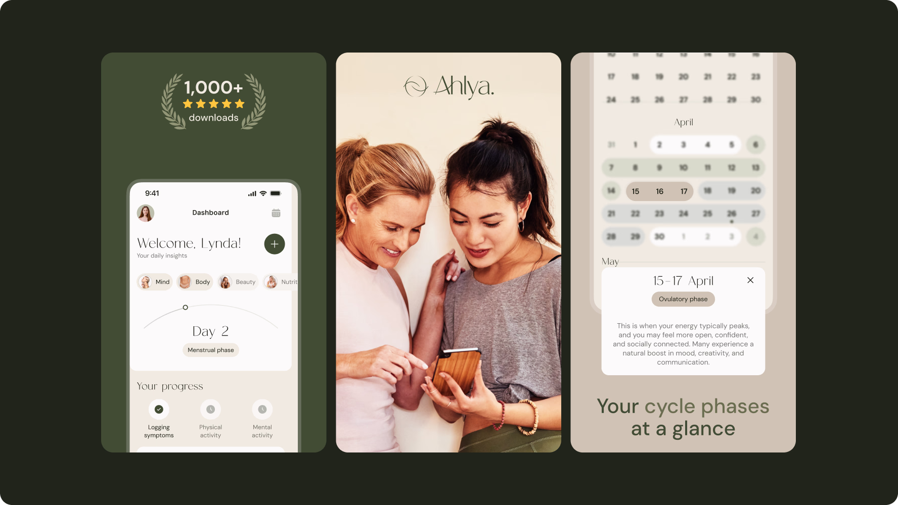 Ahlya iOS and Android launch visuals with the app dashboard, cycle calendar, and 1,000+ downloads
