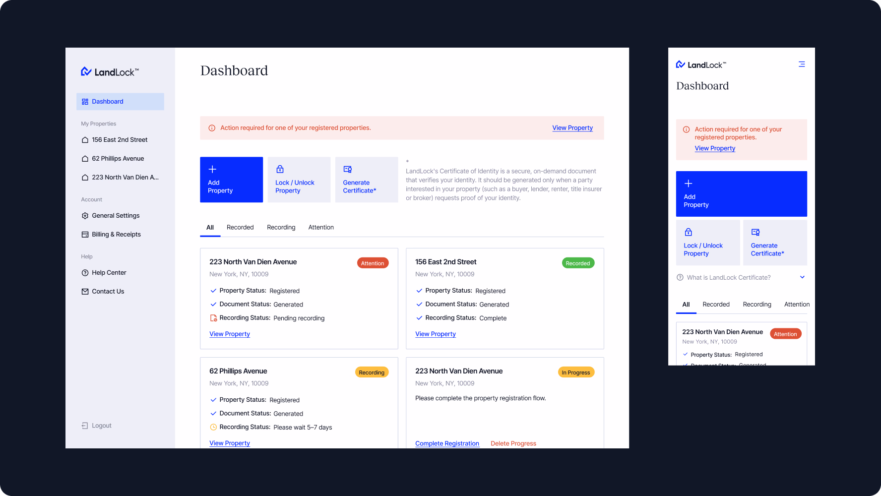 LandLock property management dashboard designed for desktop and mobile