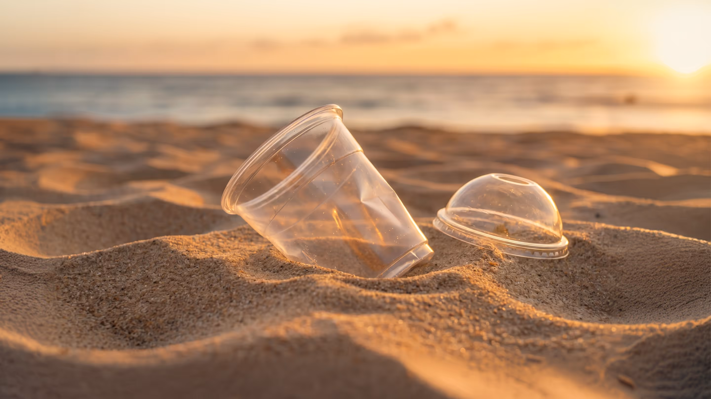 Discarded plastic cup on a beach highlighting the global plastic pollution challenge