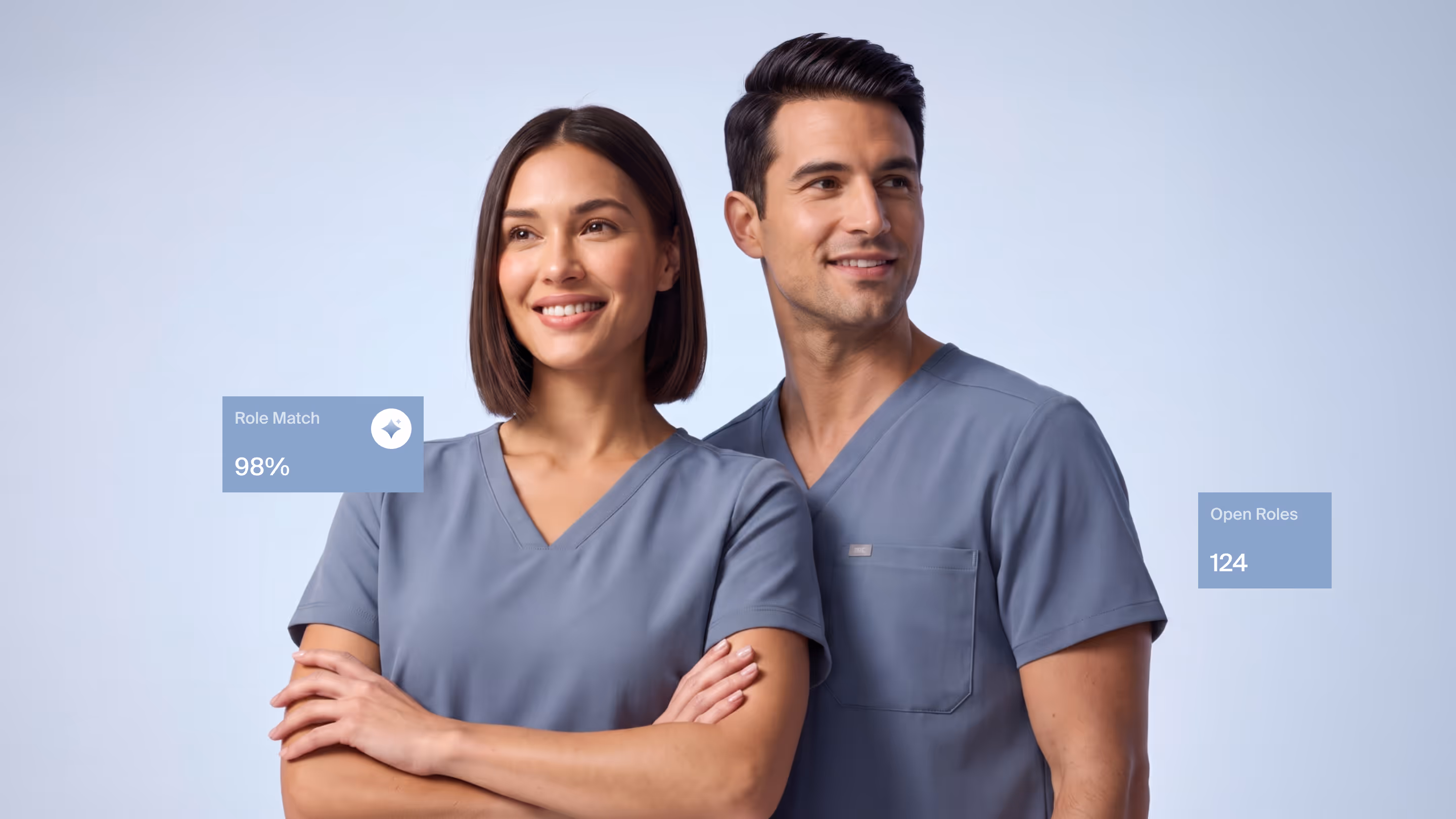 Two clinicians with AI role matching statistics for the healthcare recruitment platform by Halo Lab