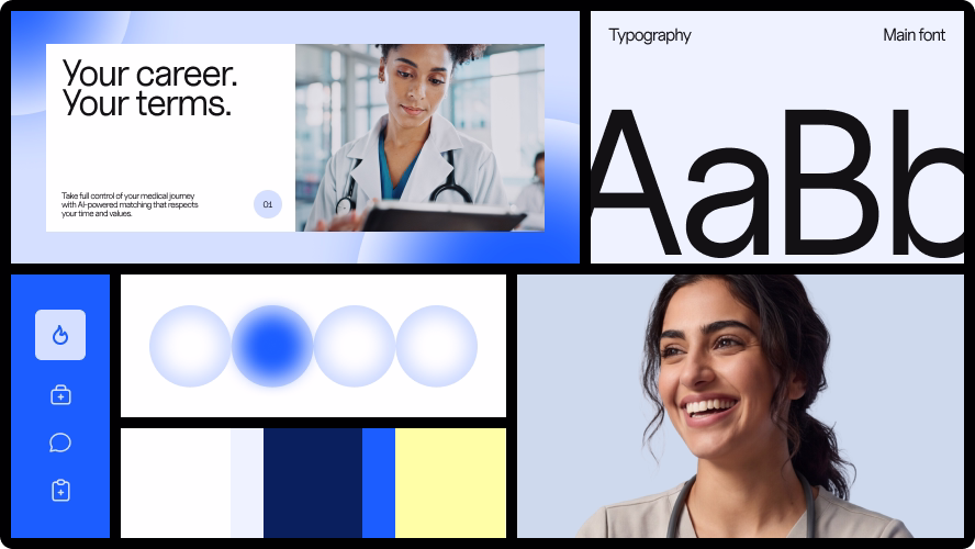 Brand identity board with typography and color palette for the healthcare recruitment platform by Halo Lab