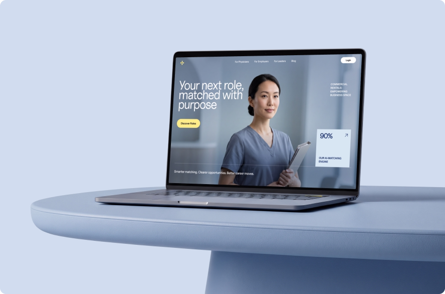 Physician hiring platform landing page shown on a laptop, designed by Halo Lab