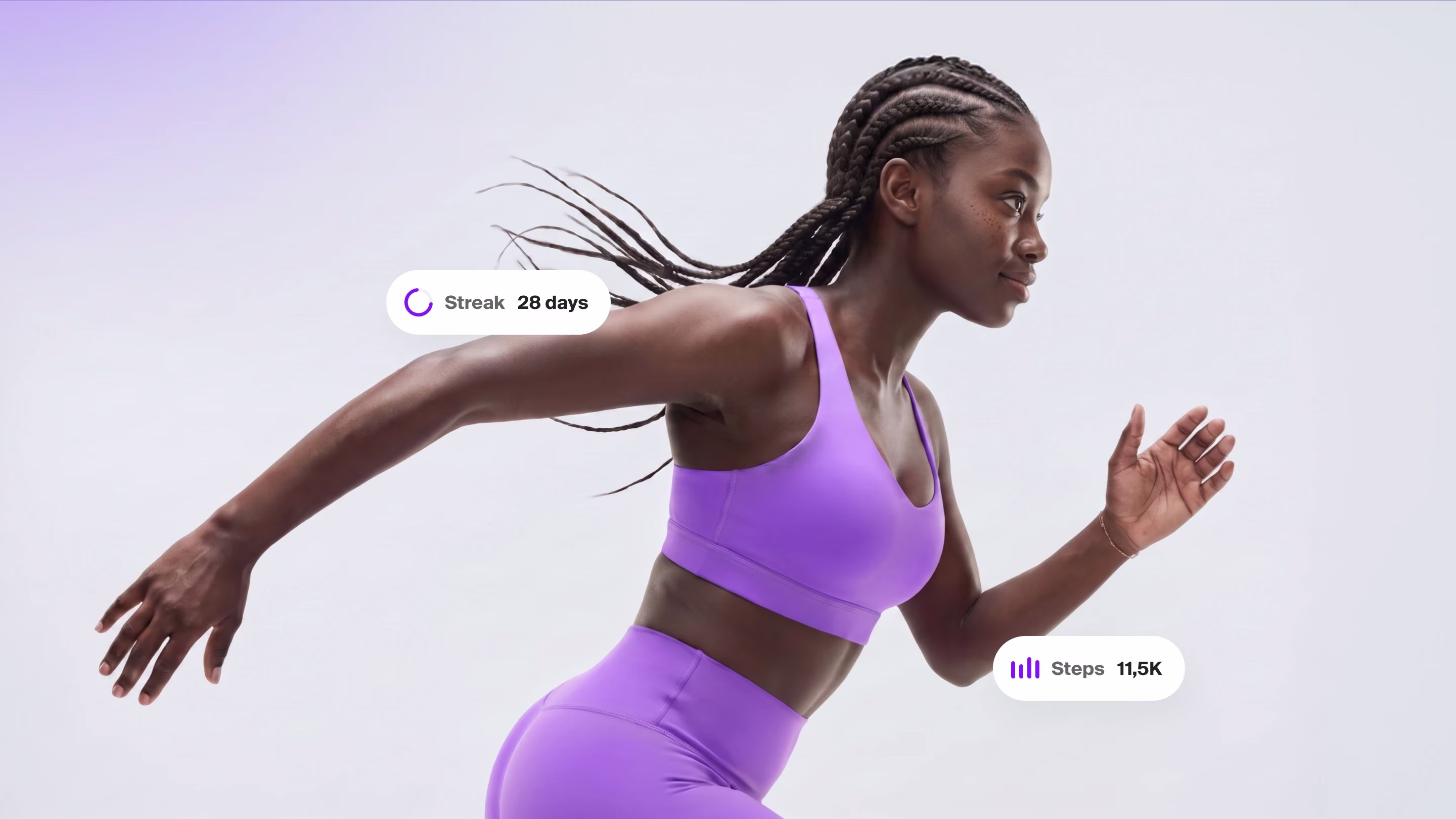 Running woman with streak and step count widgets from the longevity platform interface by Halo Lab