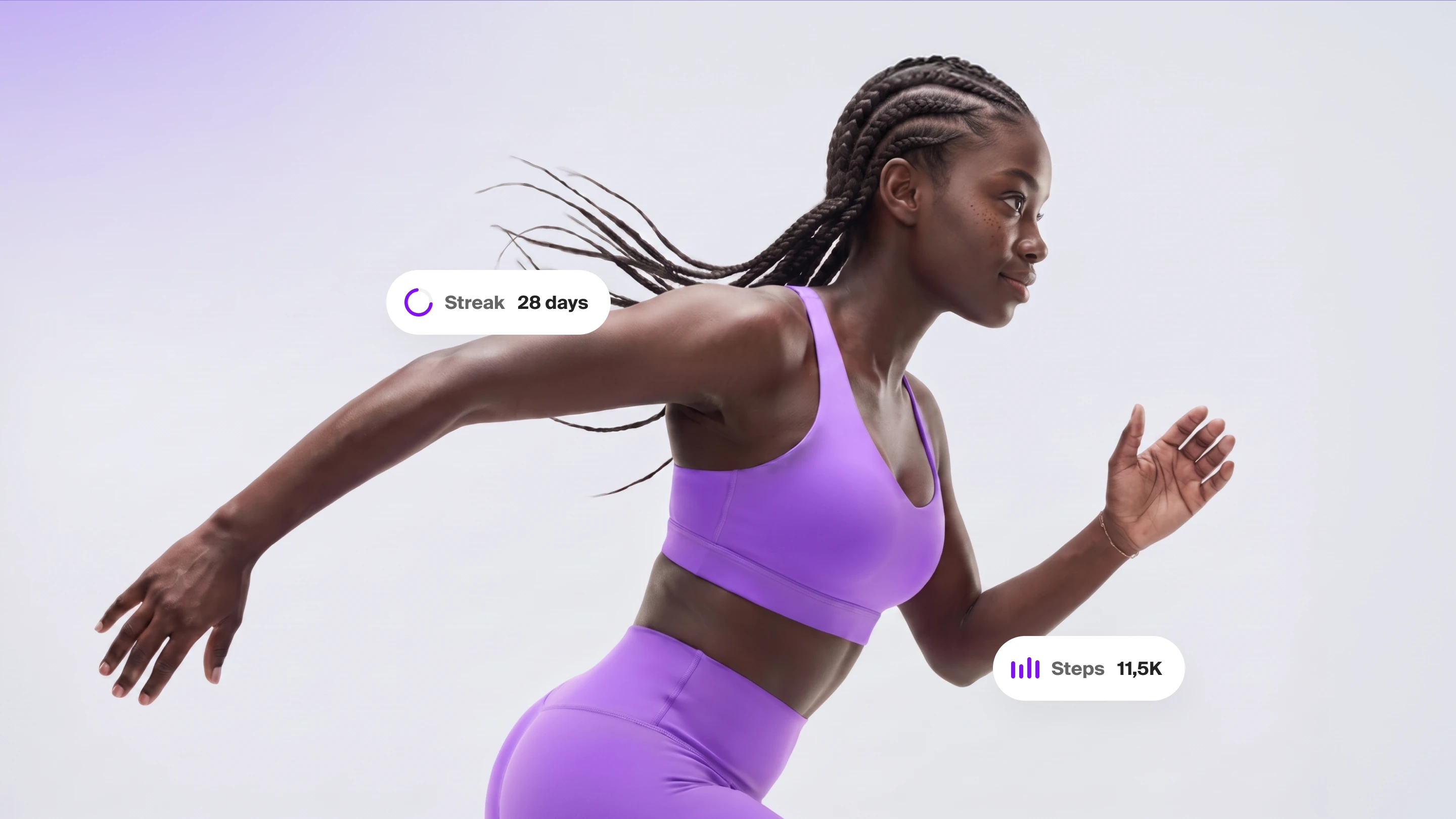 Running woman with streak and step count widgets from the longevity platform interface by Halo Lab