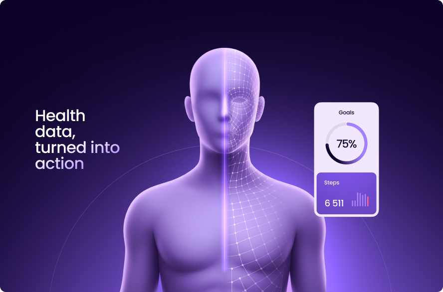 Health data turned into action visual with a 3D body model and goal and step widgets by Halo Lab