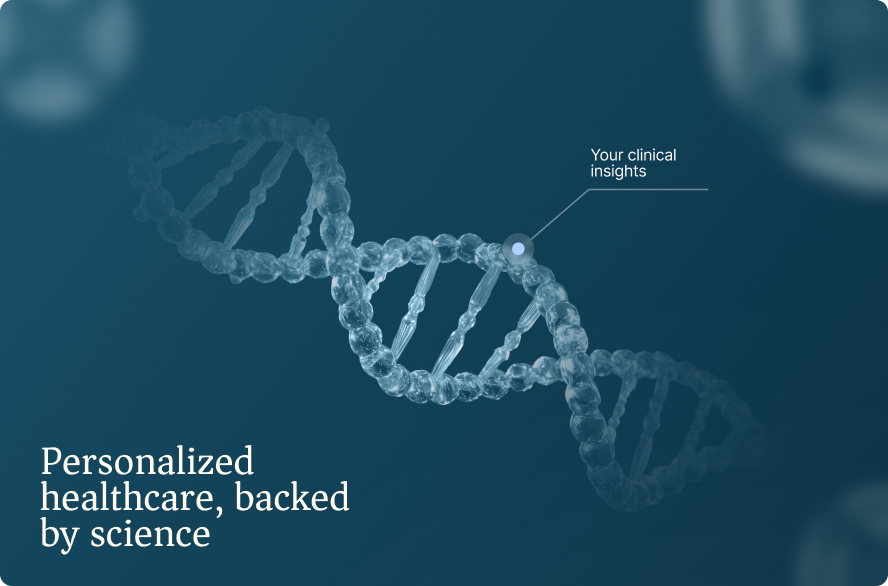 Personalized healthcare backed by science visual with a DNA helix and clinical insights callout by Halo Lab