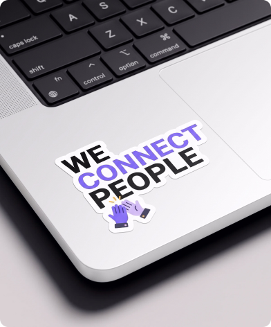 We connect people sticker on a laptop, part of WorkVivo brand visuals by Halo Lab