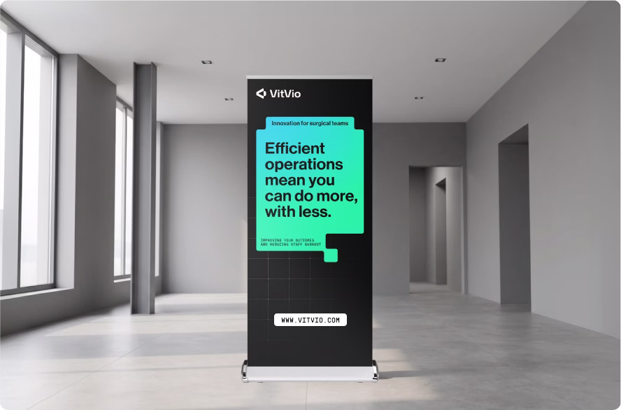 VitVio branded roll-up banner in a hospital corridor designed by Halo Lab