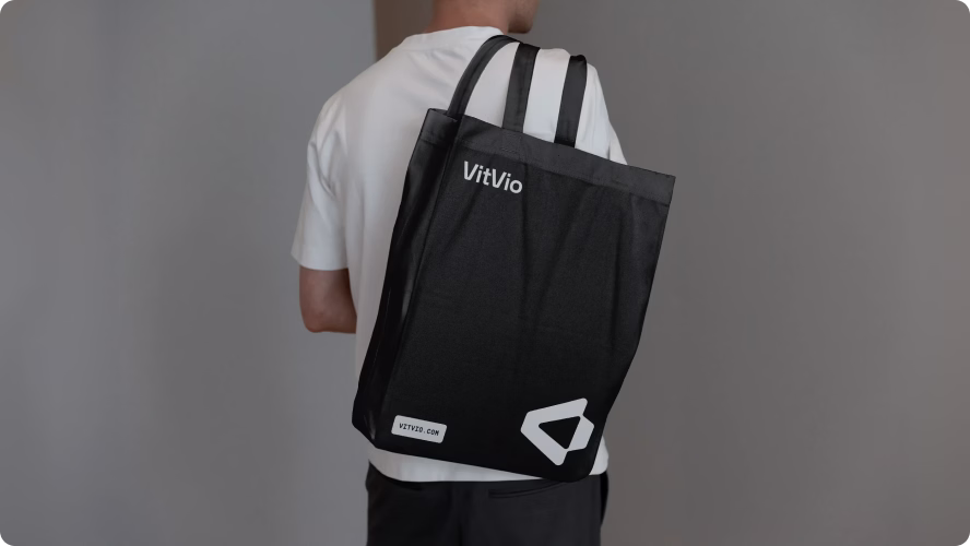 VitVio branded tote bag from the brand identity designed by Halo Lab