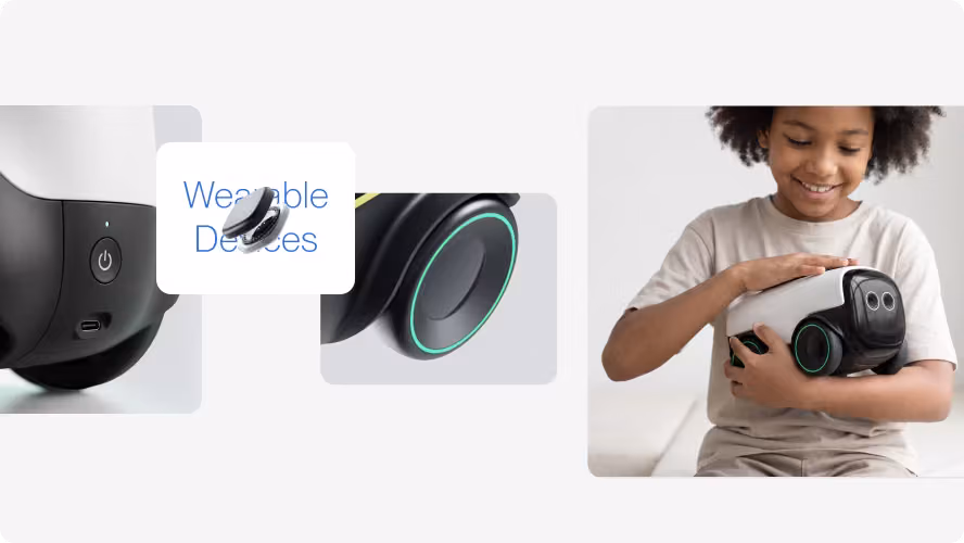 Bella learning robot for kids shown with its wheel details beside a smiling child hugging the robot