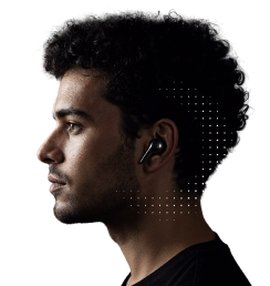 Person wearing an OmniBuds earbud, from the Halo Lab rebranding case