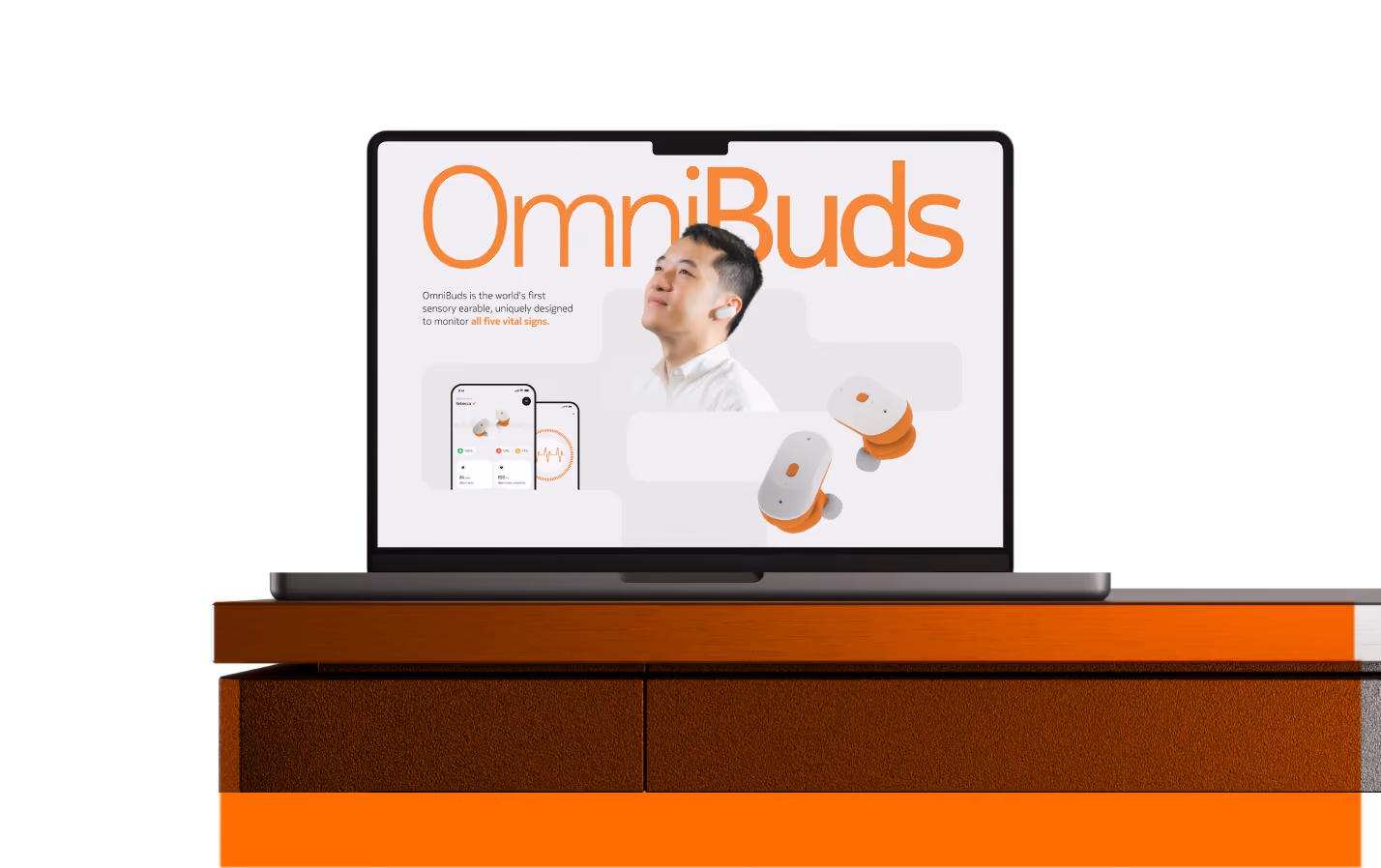 OmniBuds MVP website shown on a laptop, designed by Halo Lab