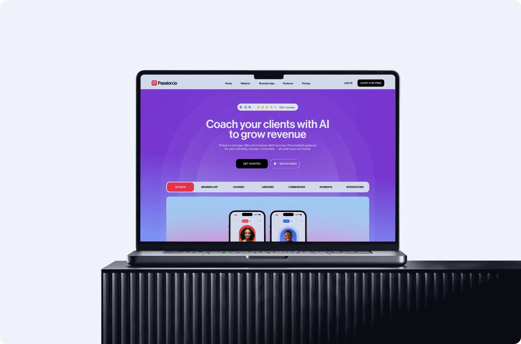 Passion.io homepage on a laptop with the Coach your clients with AI headline