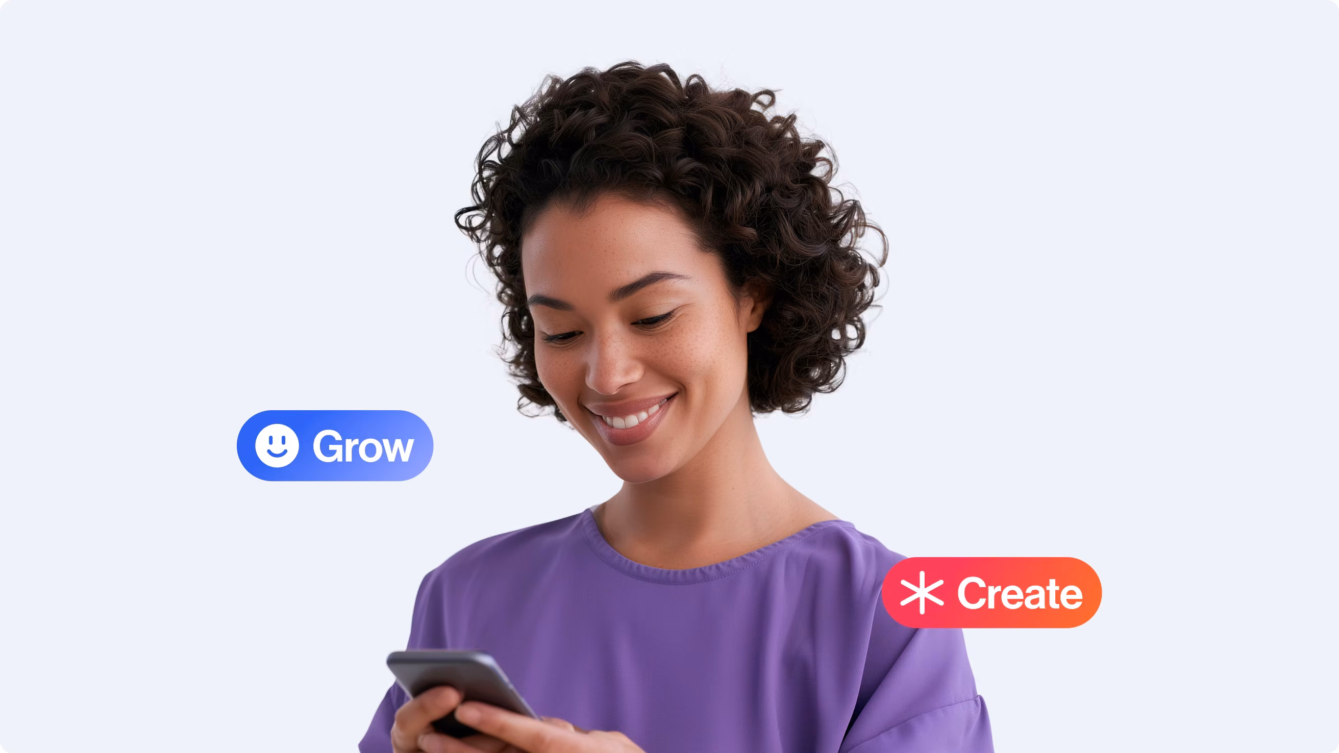 Creator using a phone, framed by the Grow and Create brand badges