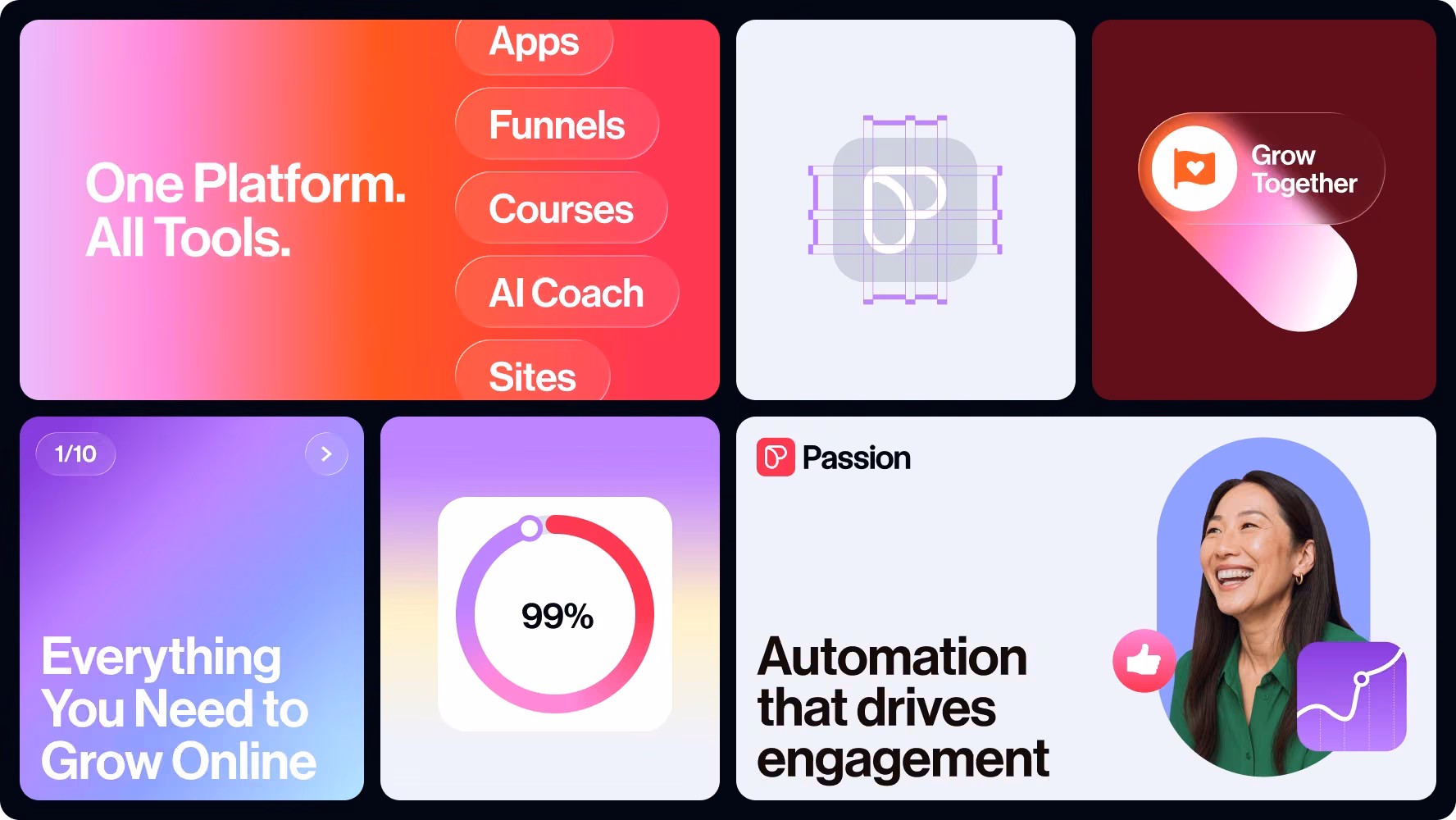 Passion.io brand identity applied across gradient marketing tiles