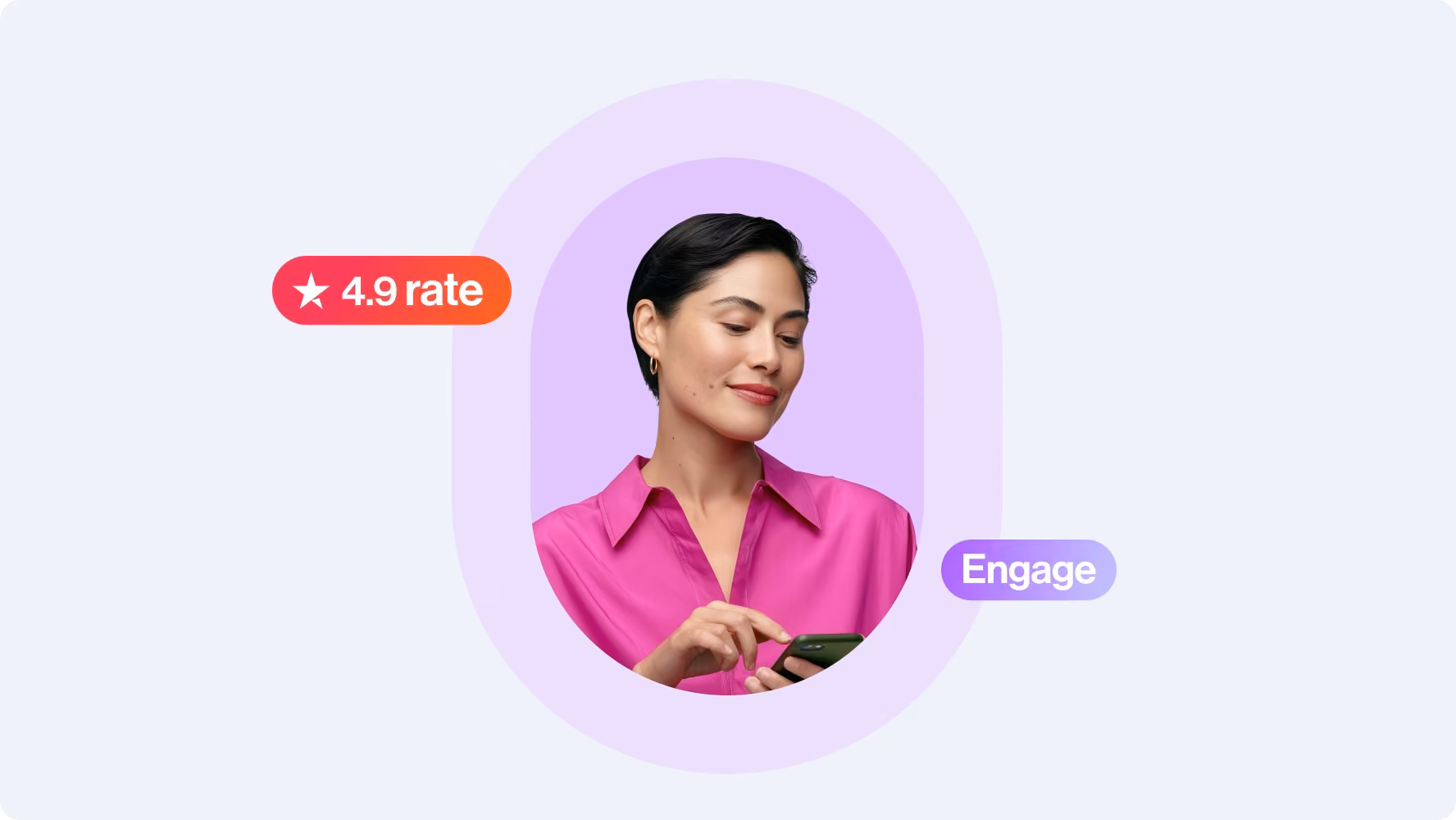 Creator portrait with a 4.9 rating badge used as social proof on the website