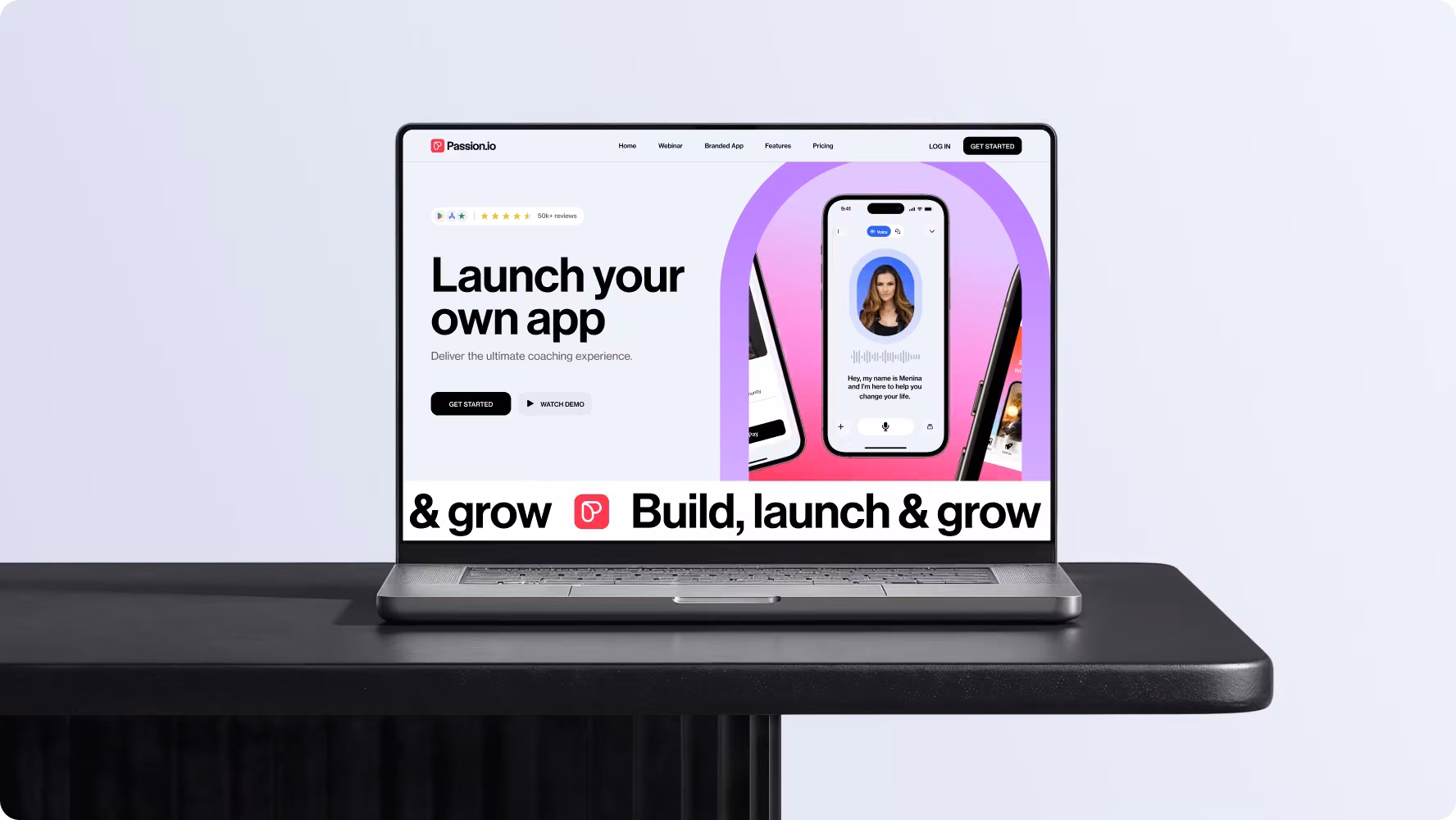 Passion.io Launch your own app page shown on a laptop mockup