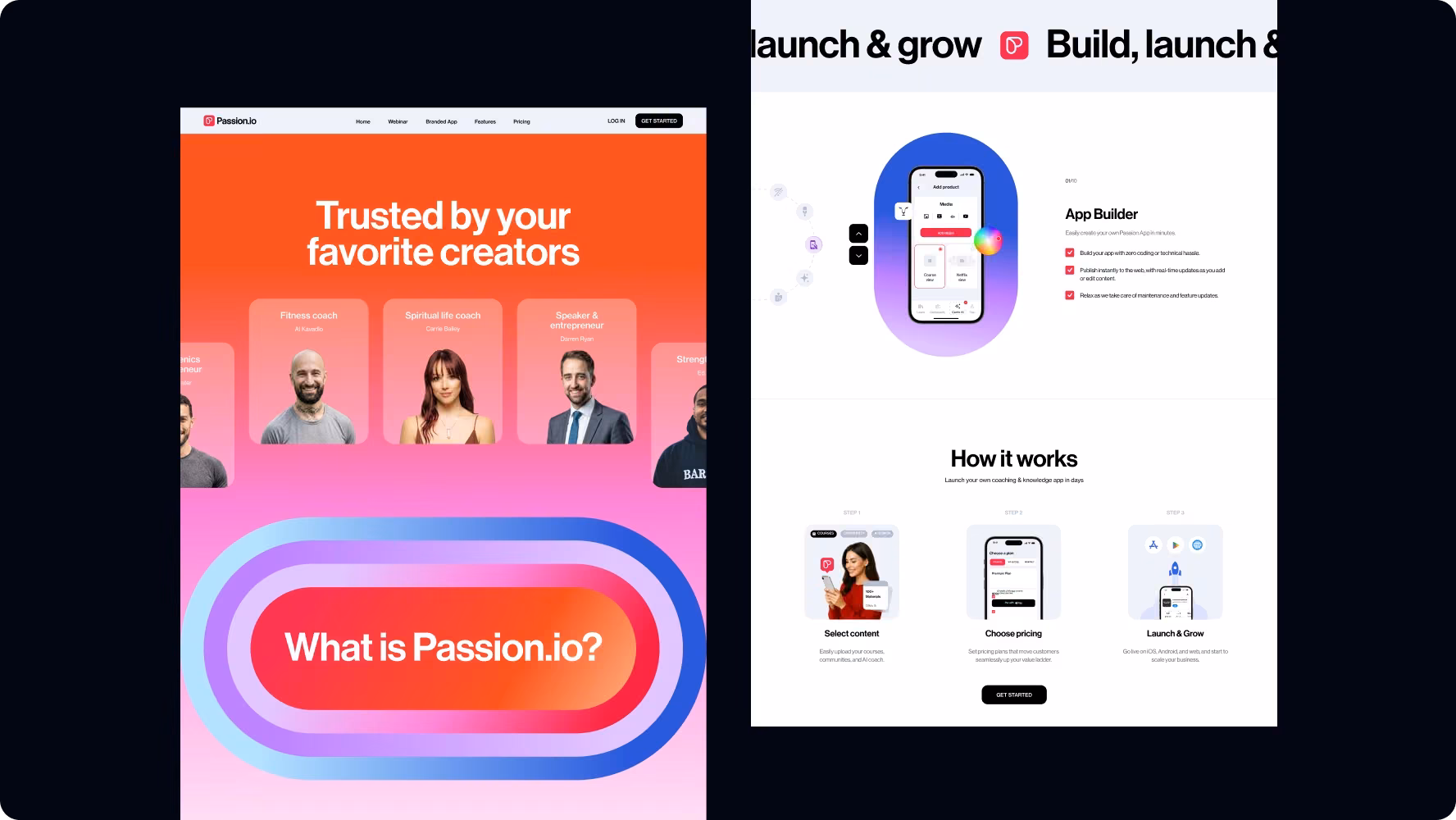 Passion.io website pages built in Webflow, including App Builder and How it works