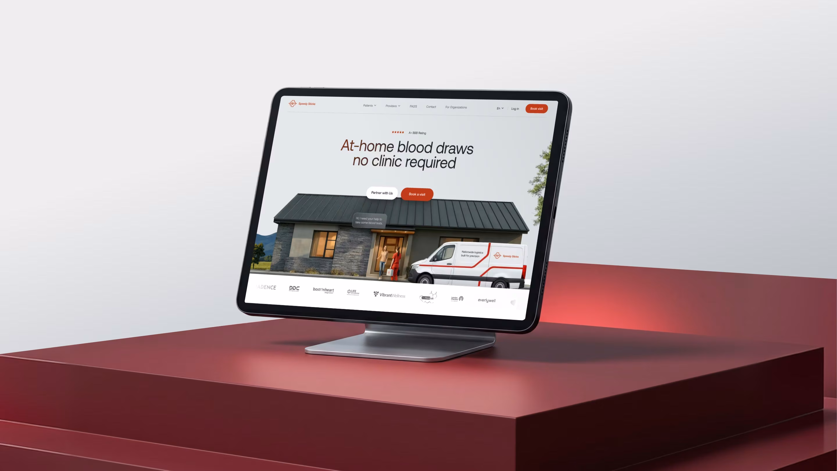 Speedy Sticks homepage on a desktop screen promoting at-home blood draws, designed by Halo Lab