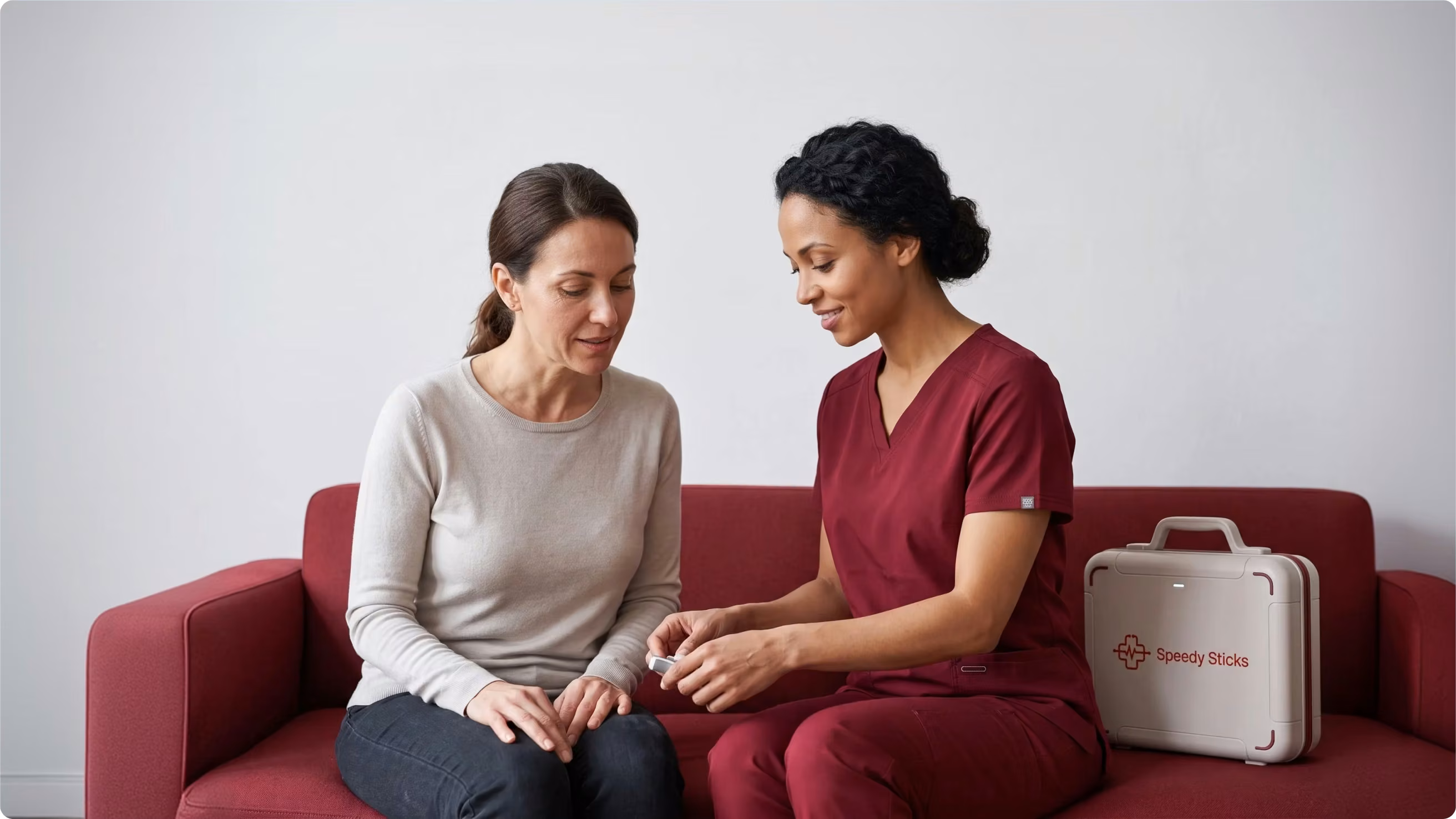 Certified phlebotomist performing an at-home blood draw for a patient seated on a sofa