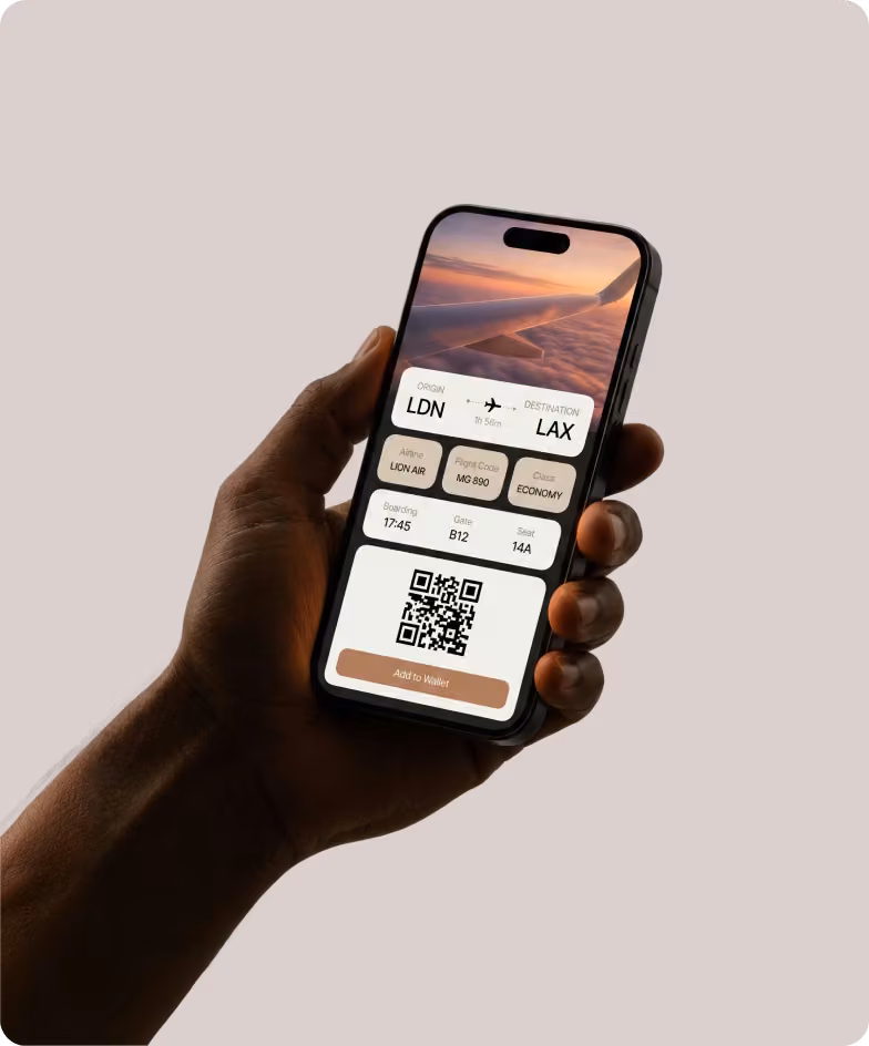 SkyAccess mobile boarding pass for a London to Los Angeles private flight, designed by Halo Lab
