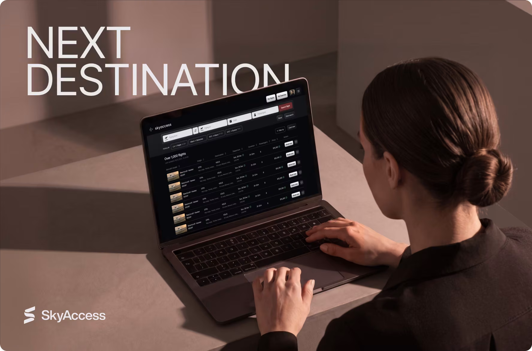 Woman browsing live SkyAccess empty-leg flight listings on a laptop