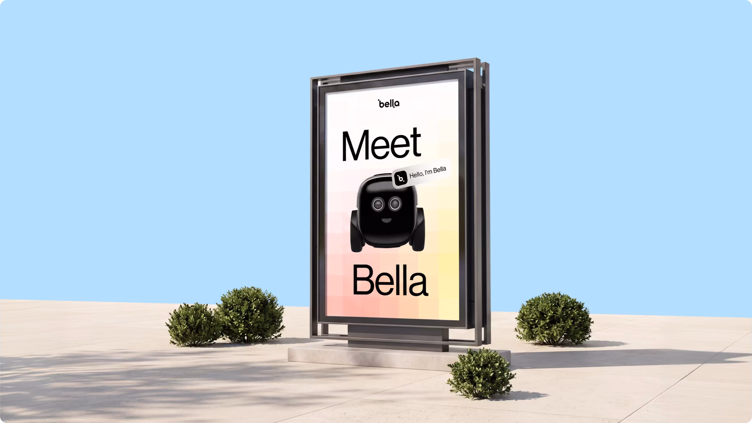Meet Bella outdoor poster with the robot character on a city billboard stand