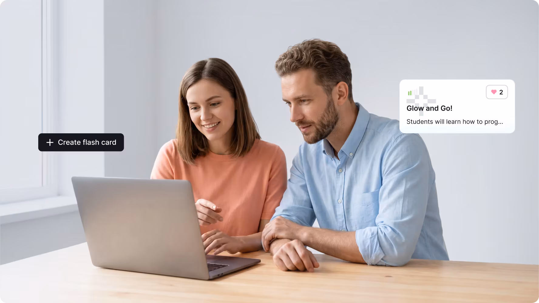 Parents at a laptop creating a flash card in the Bella admin panel for kids' lessons