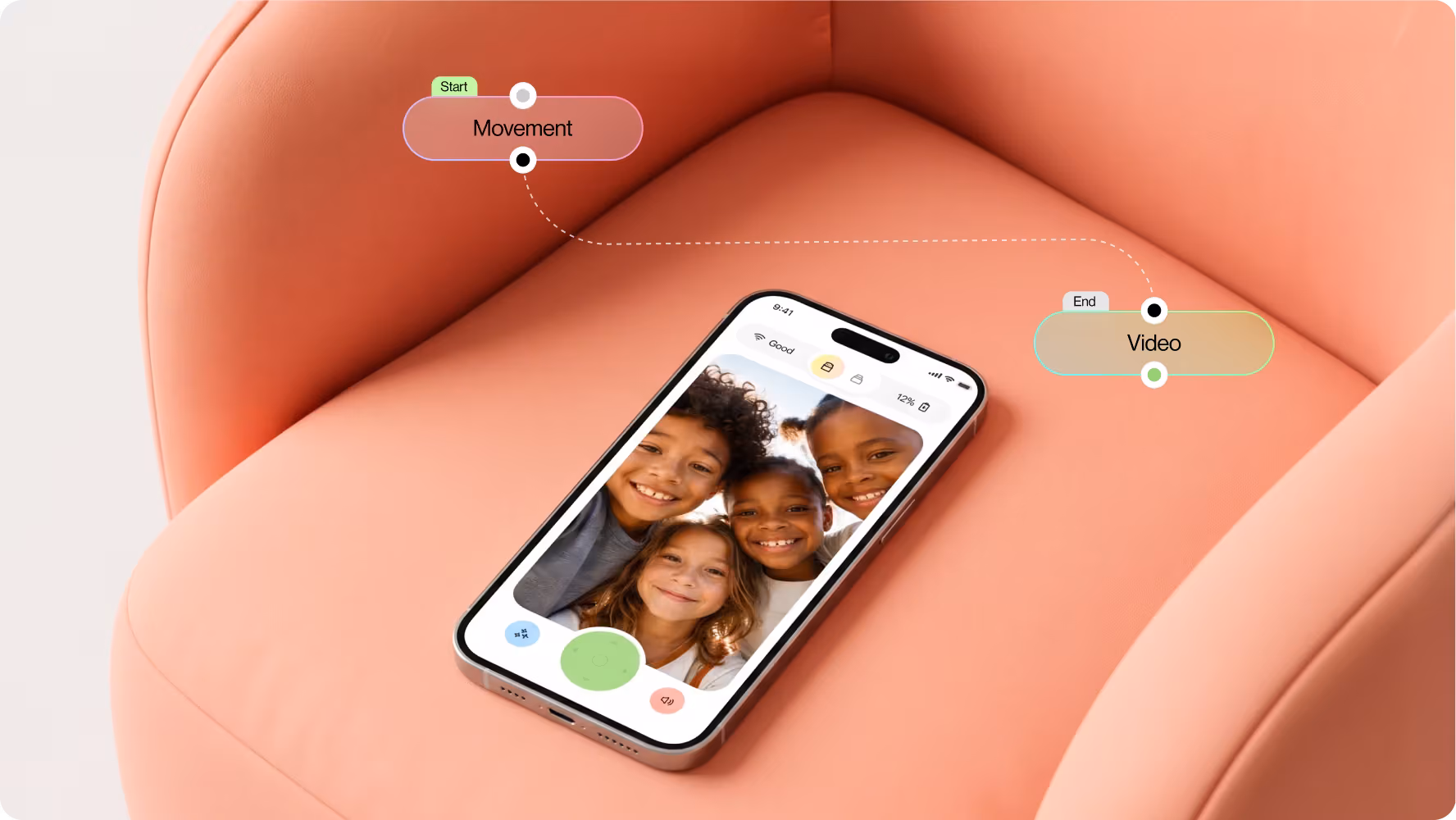 Bella mobile app video call screen on a smartphone lying on a coral armchair, with movement and video flow tags