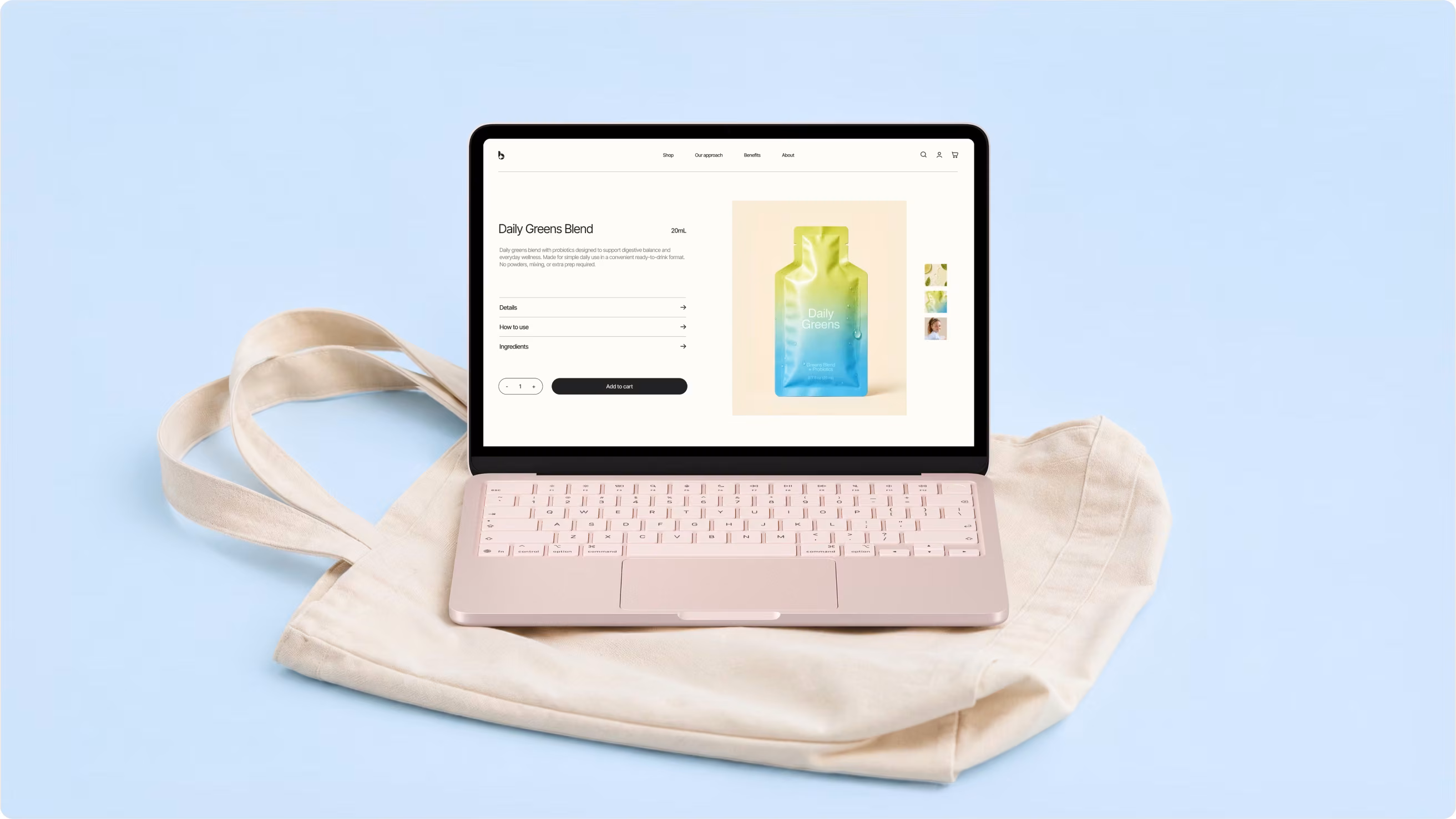 Shopify product page design for a daily greens supplement on a laptop by Halo Lab