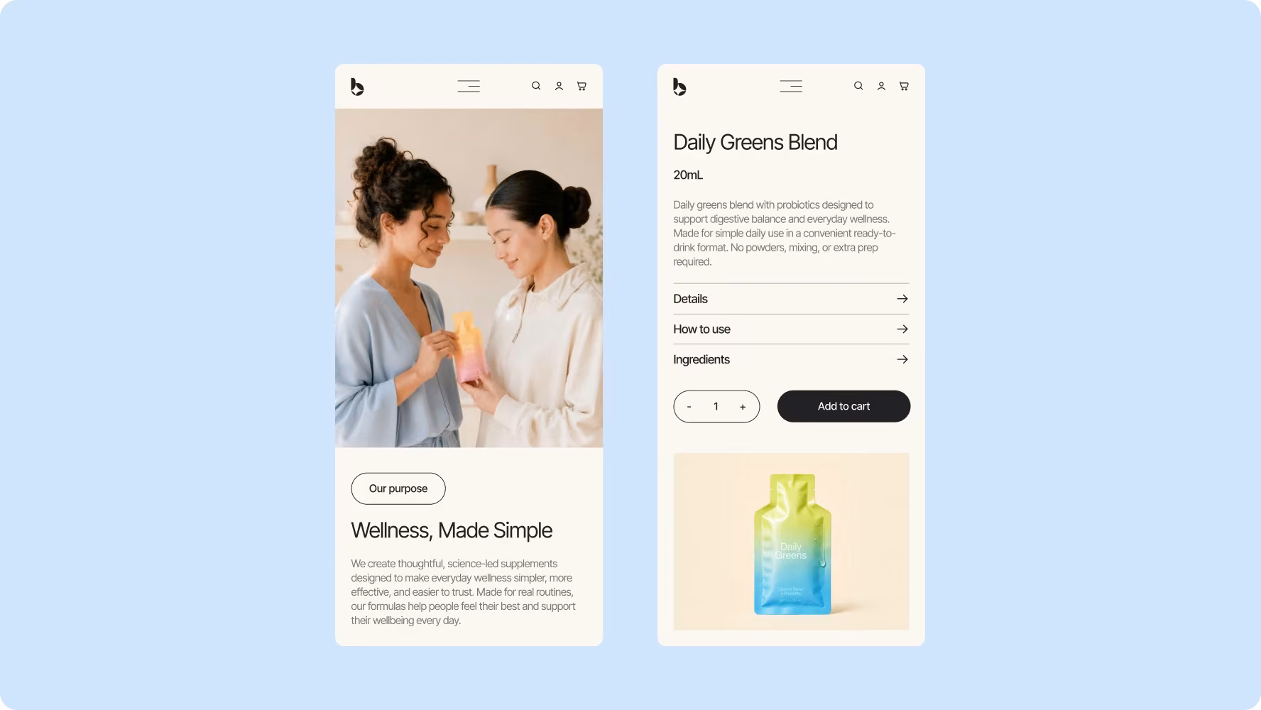 Mobile Shopify storefront UI design for a wellness brand by Halo Lab