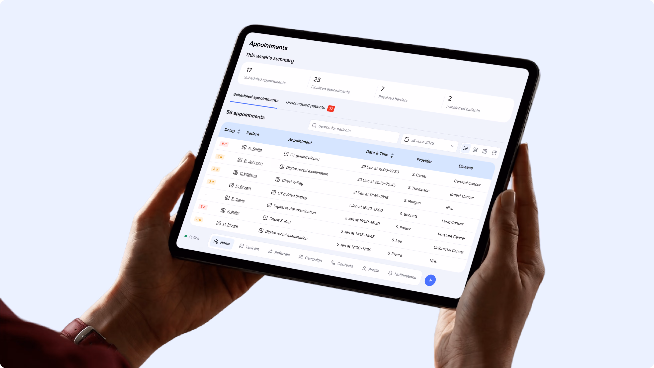 Hospital staff member reviewing a patient list in the RedPath tablet app